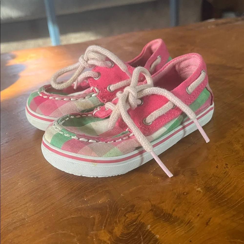 Sperry Bahama Crib Top Siders Pink Green Multi Plaid Size 4M
